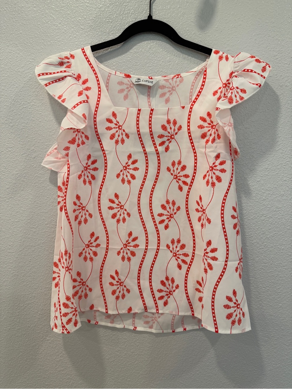 Cupshe White Top with Coral Floral Stripe Print and Flutter Sleeves